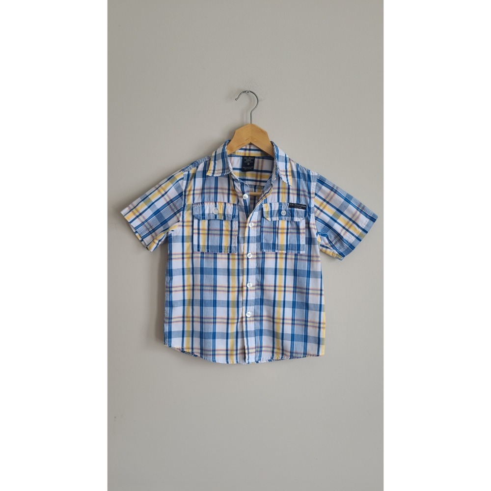 US Polo‎ Assn Boys Plaid Short Sleeve Button Down Shirt Blue Yellow White Size 6